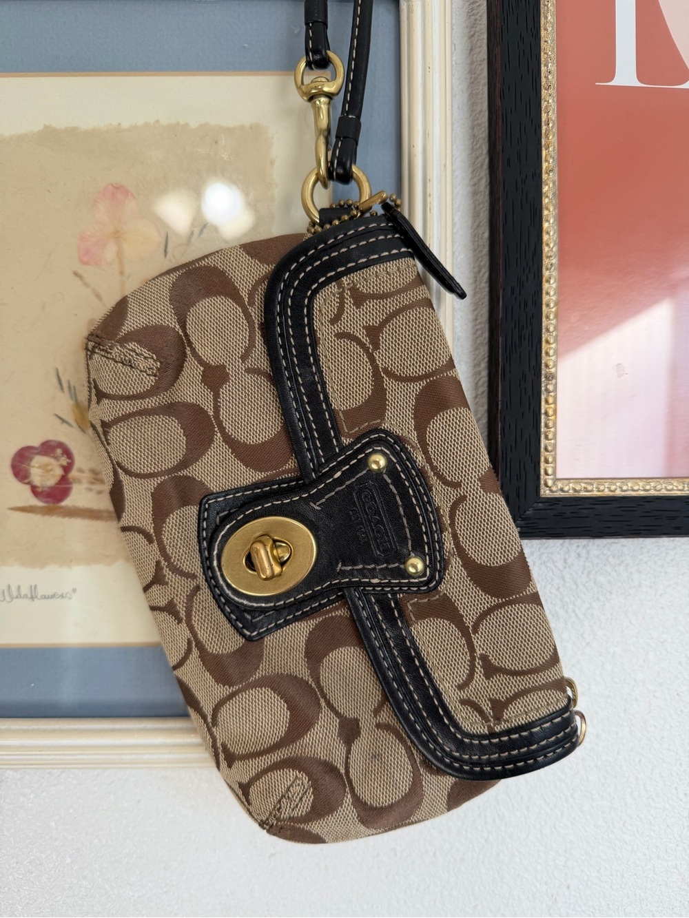 Coach Brown/Tan Signature Canvas Wristlet with Black Trim